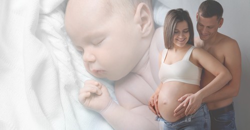 Double exposure of pregnant woman with her husband and cute baby