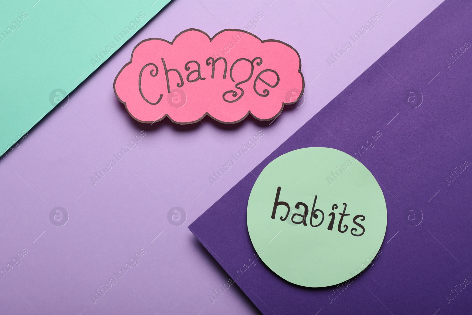 Photo of Flat lay composition with phrase Change Habits on color background