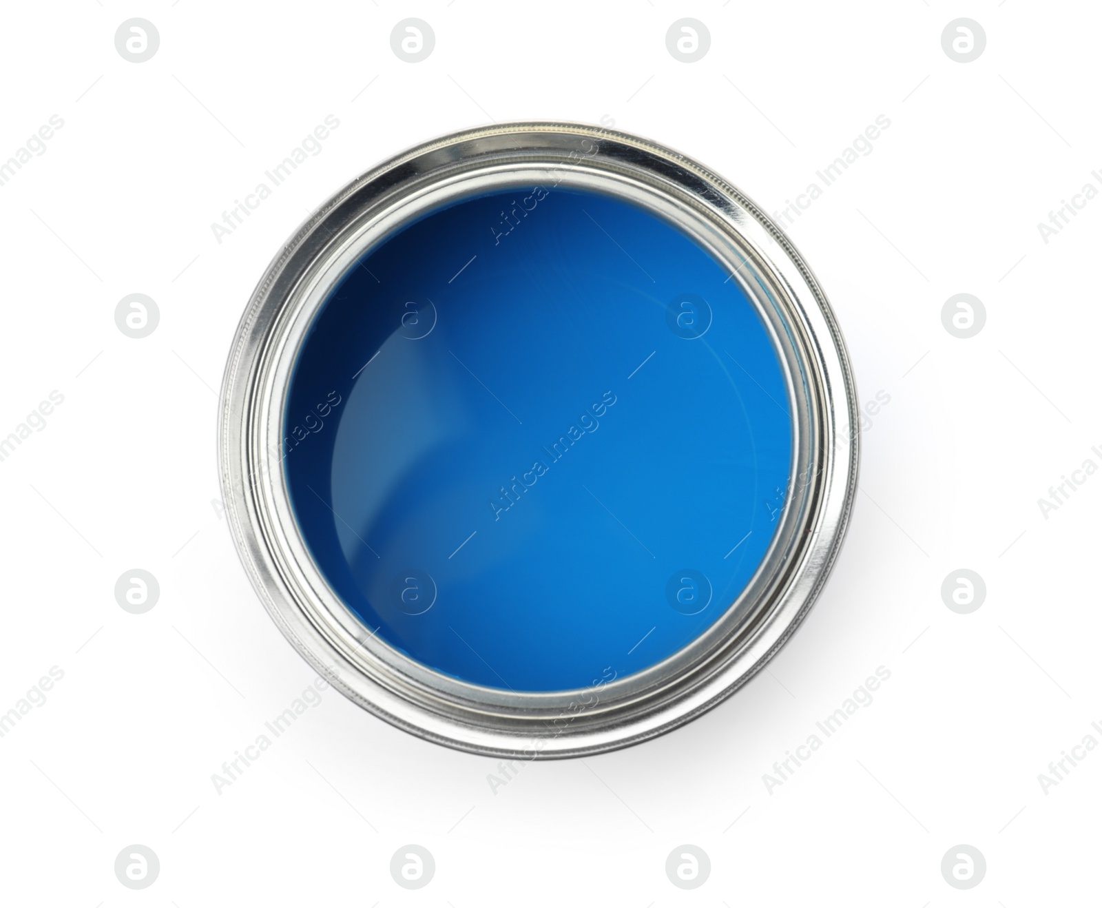 Photo of Open paint can on white background, top view