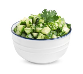 Photo of Bowl of delicious cucumber salad isolated on white