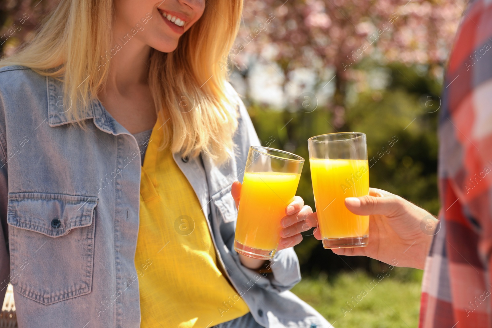 Photo of Happy couple having picnic in park on sunny day, closeup