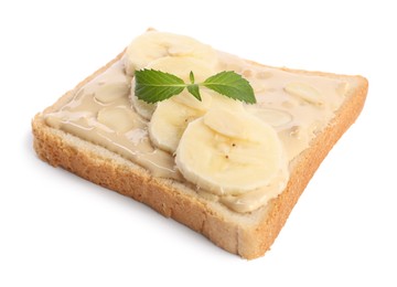 Toast with tasty nut butter, banana slices and almond flakes isolated on white