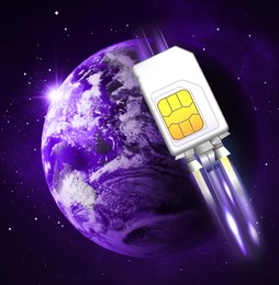 Image of Fast internet connection. SIM card rocket flying around planet in space