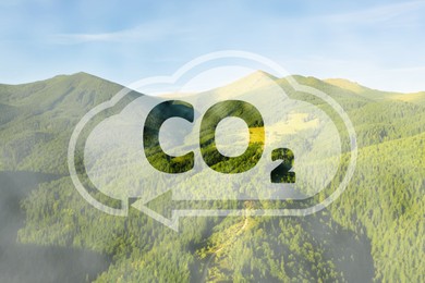 Concept of clear air. CO2 inscription in illustration of cloud with arrow and beautiful mountain landscape