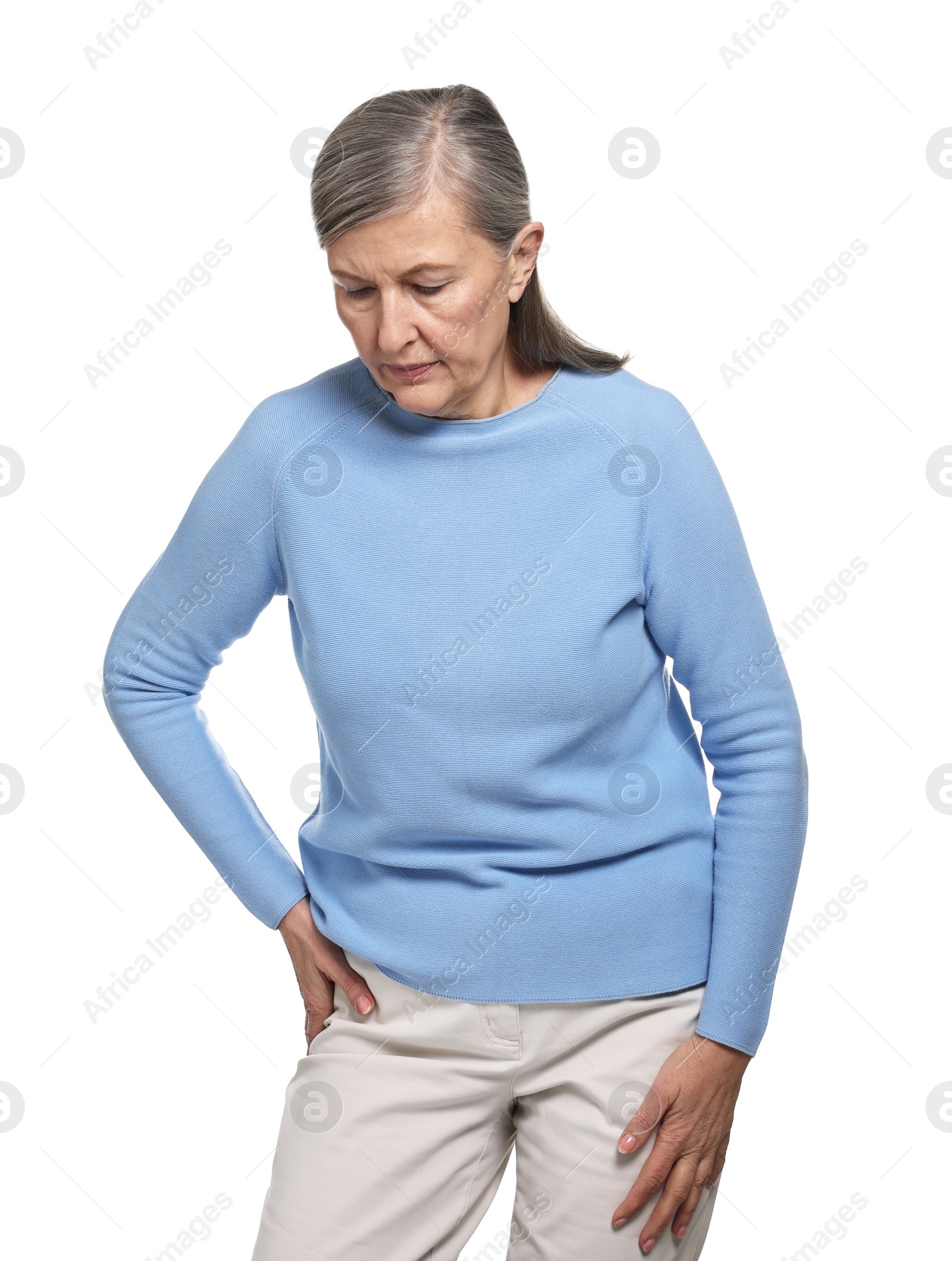 Photo of Arthritis symptoms. Woman suffering from hip joint pain on white background