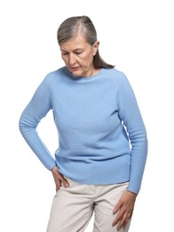 Photo of Arthritis symptoms. Woman suffering from hip joint pain on white background