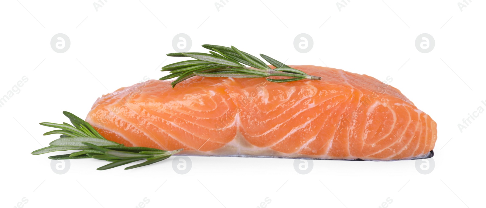 Photo of Piece of fresh raw salmon with rosemary isolated on white