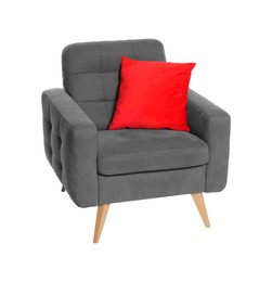 Photo of One grey armchair with red pillow isolated on white