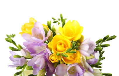 Photo of Bouquet of fresh freesia flowers isolated on white, top view