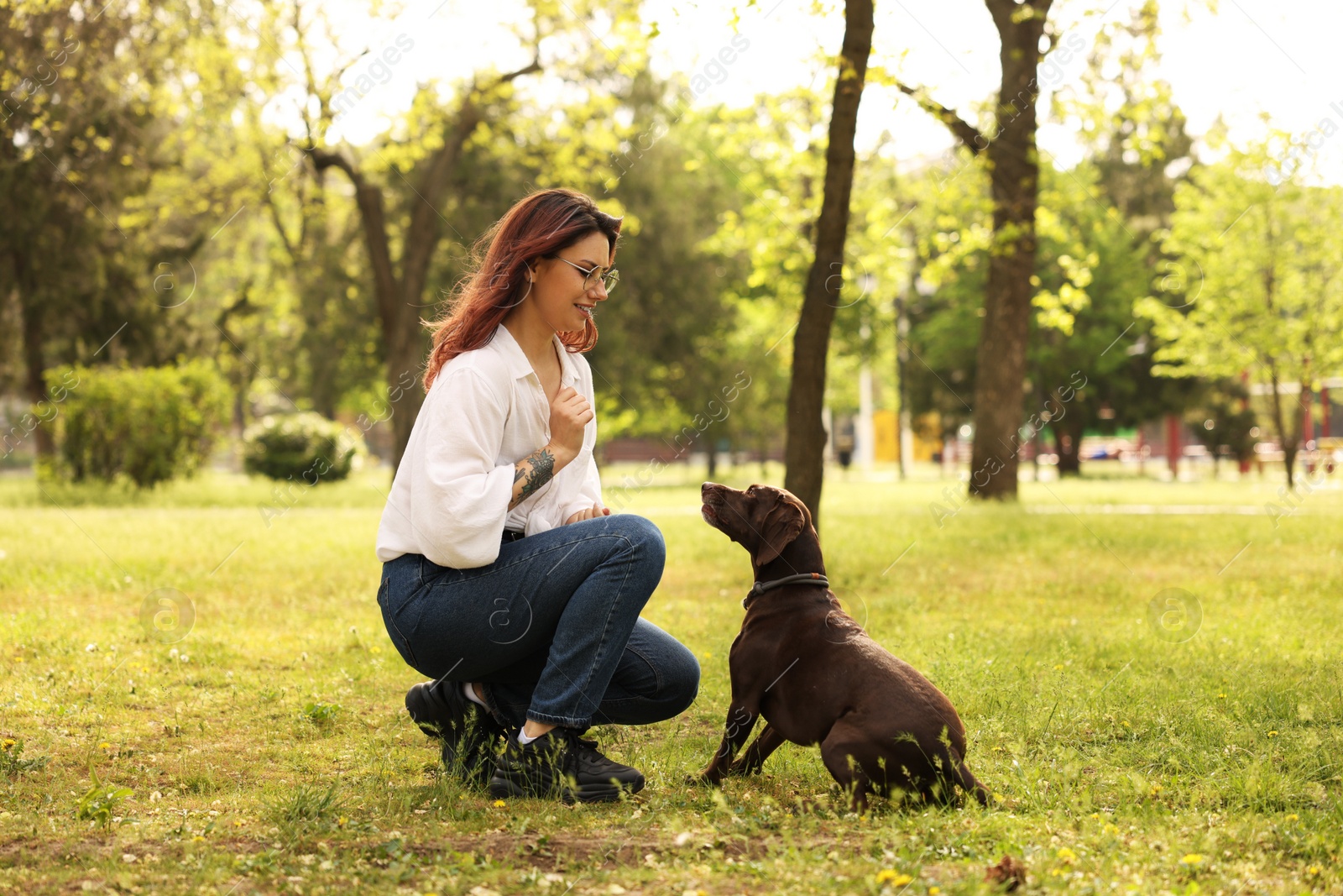 Photo of Woman with her cute German Shorthaired Pointer dog in park on spring day