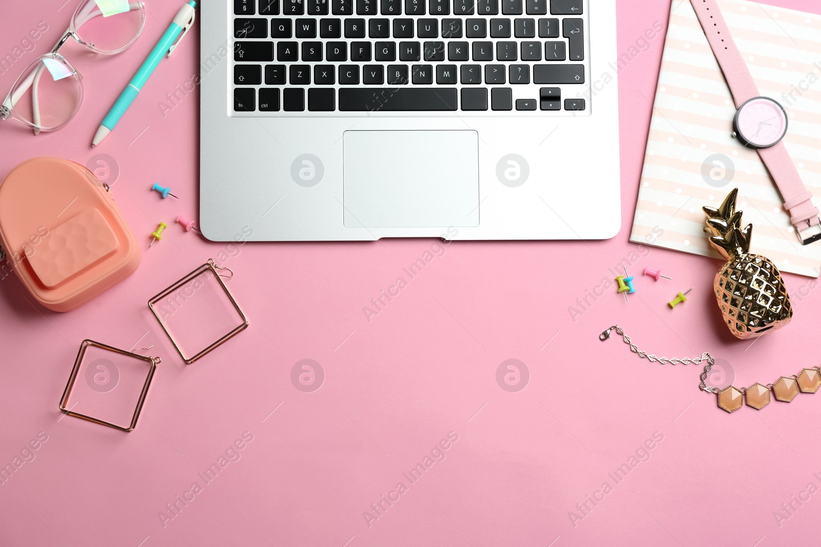 Photo of Flat lay composition with different accessories, laptop and space for text on color background. Fashion blogger