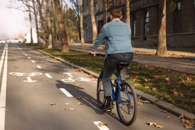Man riding bicycle on lane in city, back view