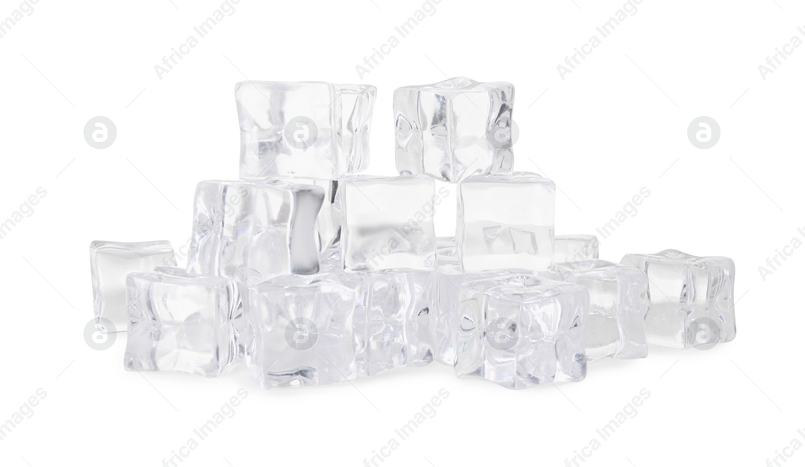 Photo of Many crystal clear ice cubes isolated on white