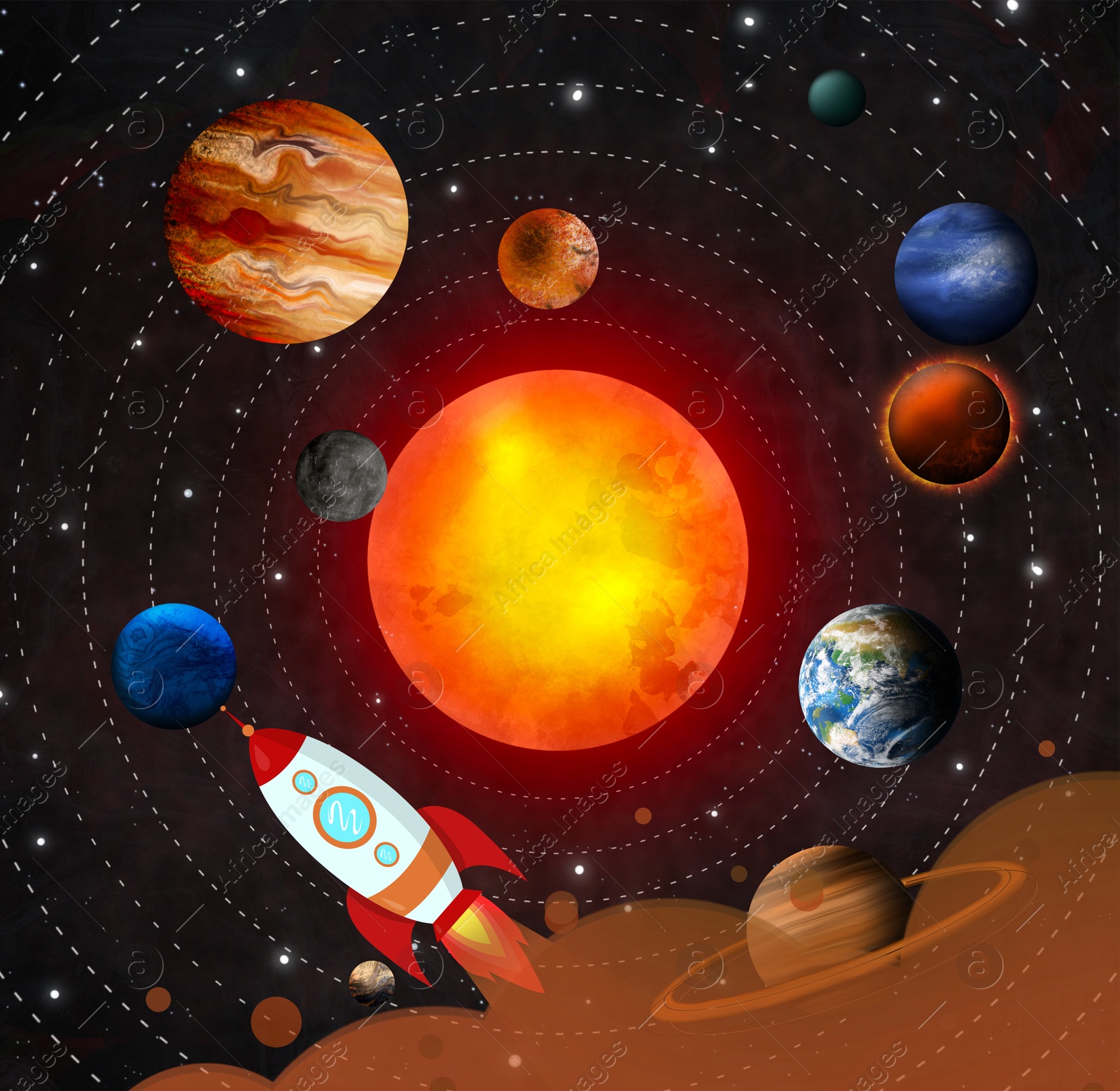 Image of Rocket, planets and sun in space. Solar system