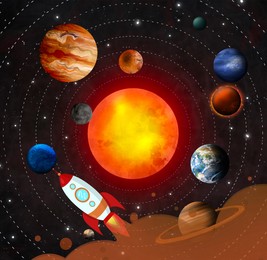 Rocket, planets and sun in space. Solar system