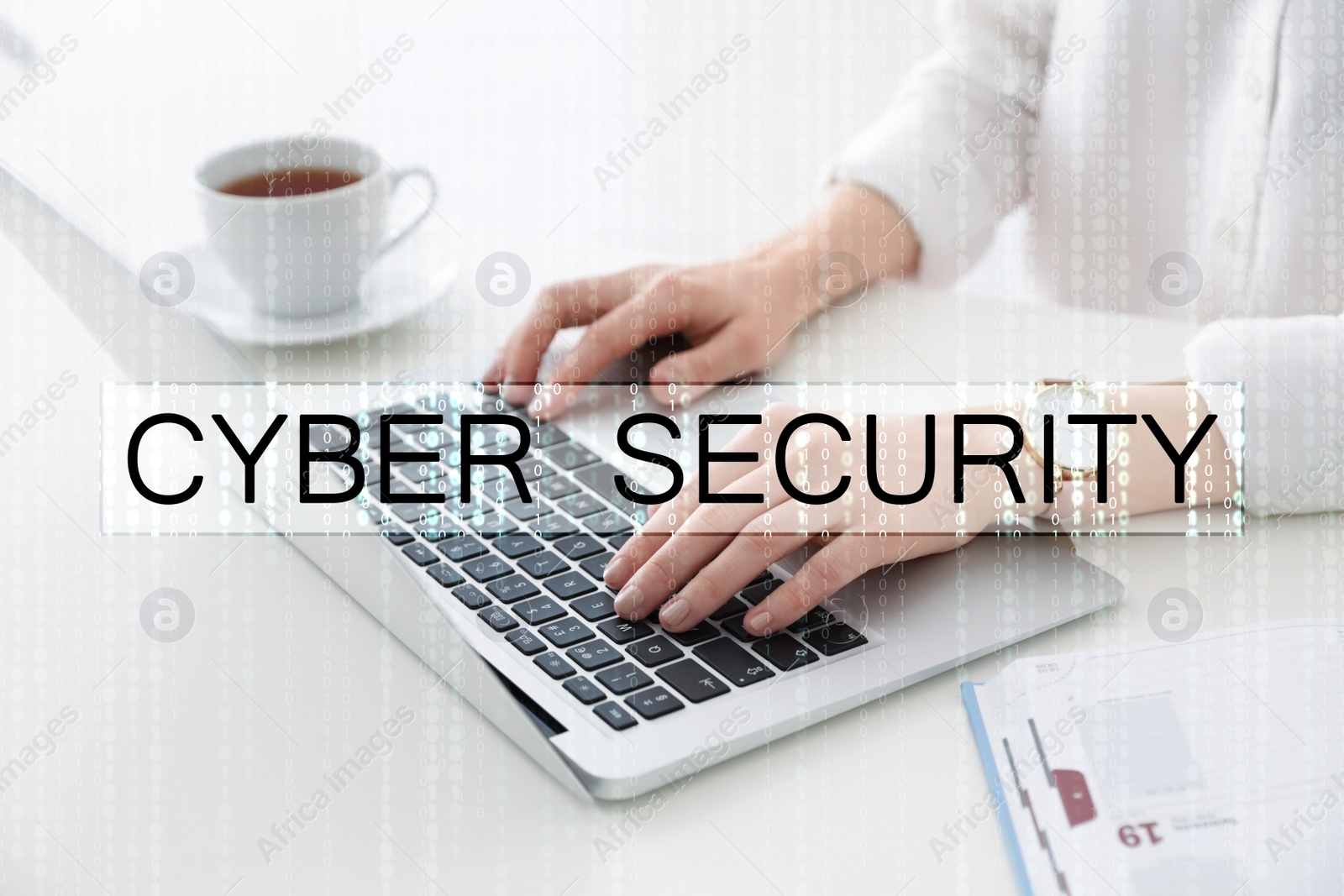 Image of Cyber security concept. Woman working with laptop at table indoors, closeup