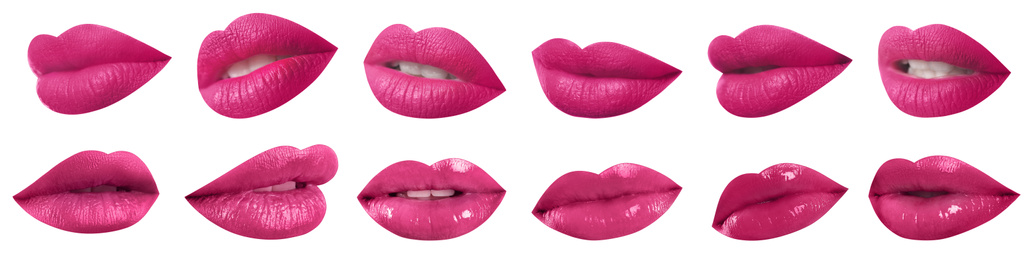 Image of Set of mouths with beautiful makeup on white background, banner design. Stylish pink lipstick