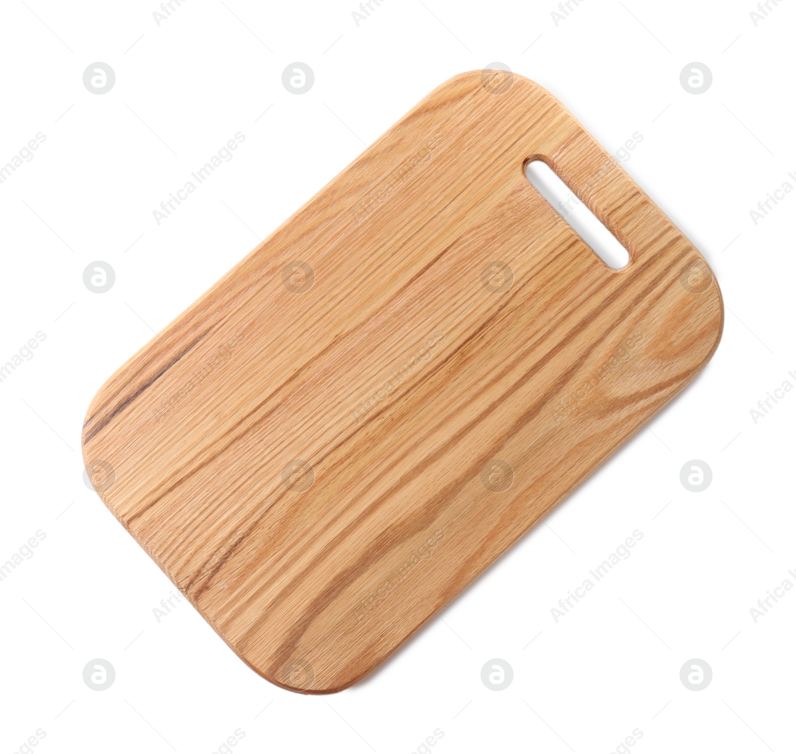 Photo of One wooden cutting board on white background, top view