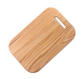 Photo of One wooden cutting board on white background, top view