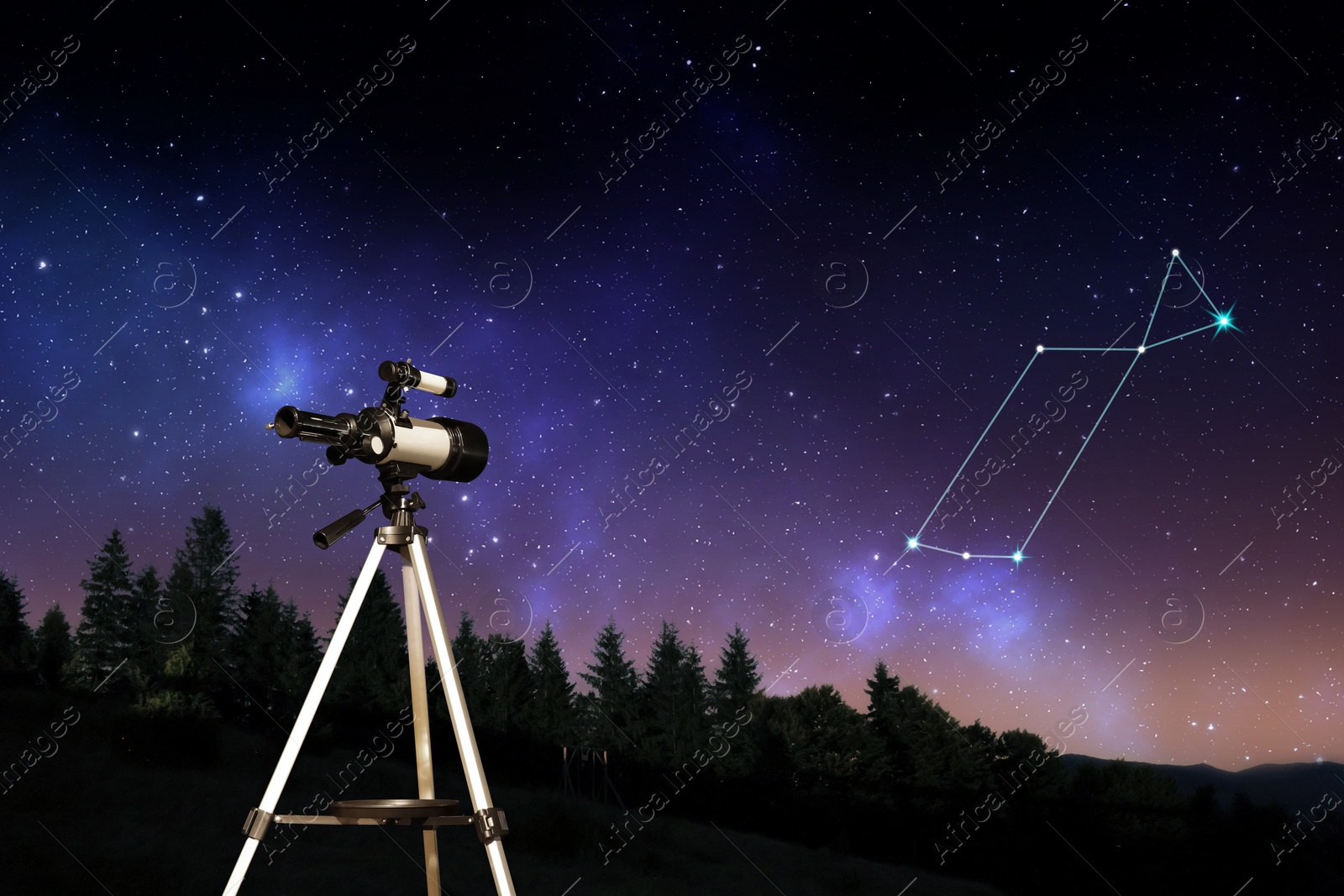 Image of Lyra constellation in starry sky over forest at night. Stargazing with telescope