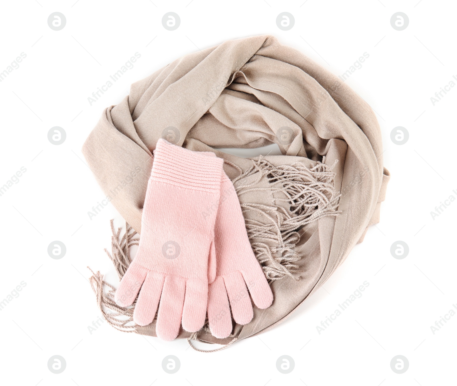 Photo of Stylish gloves and scarf on white background, top view. Autumn clothes