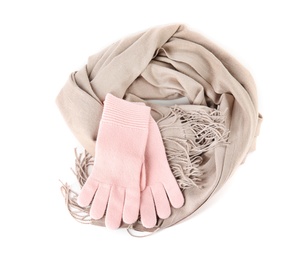 Photo of Stylish gloves and scarf on white background, top view. Autumn clothes