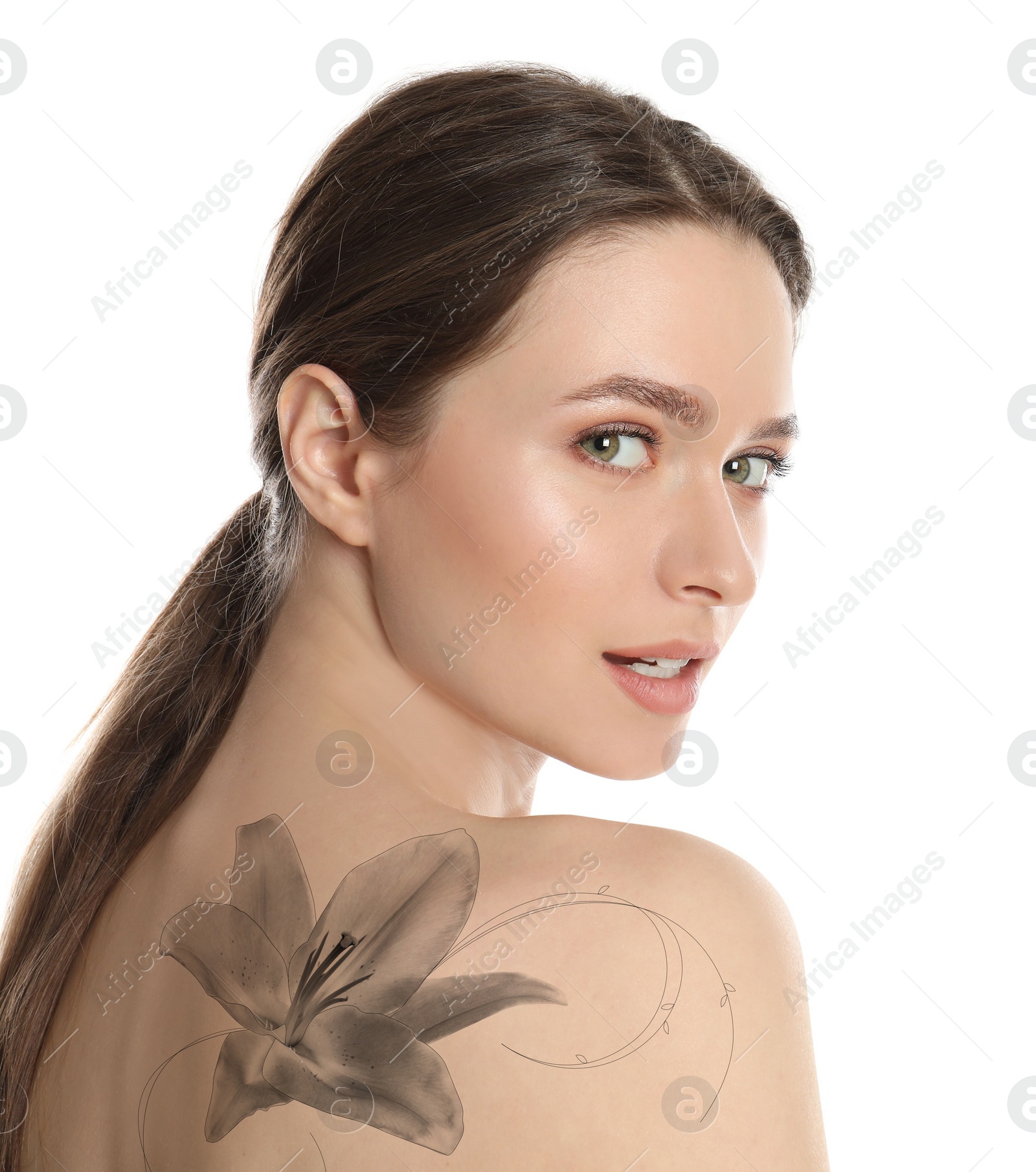 Image of Young woman with beautiful flower tattoo on white background