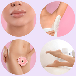 Collage with photos of woman showing smooth skin after epilation