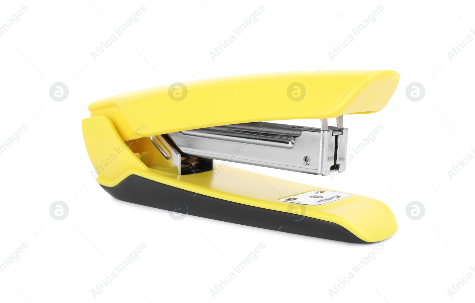 Photo of One new yellow stapler isolated on white