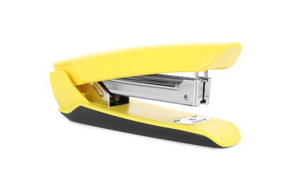 Photo of One new yellow stapler isolated on white