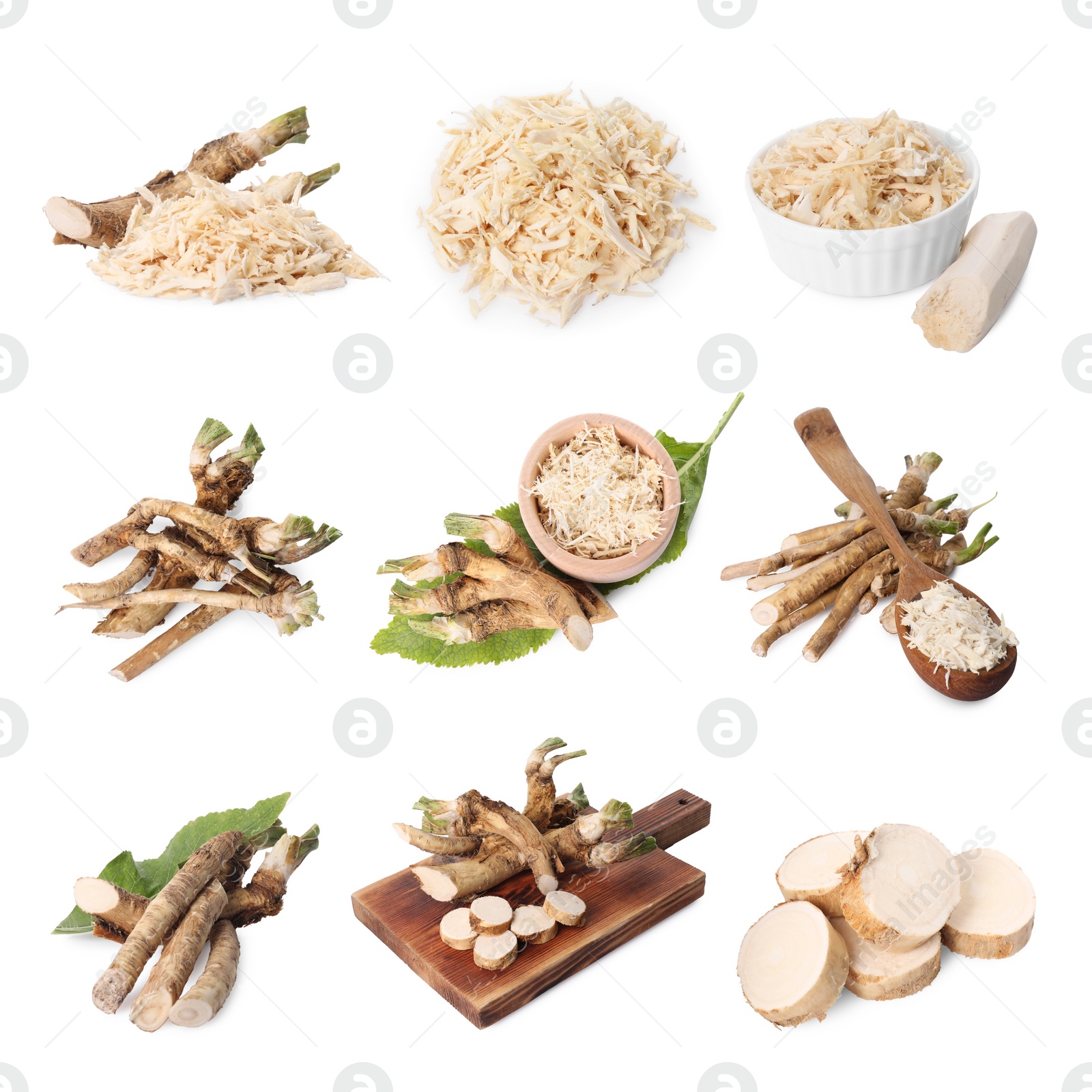 Image of Roots, grated and cut horseradish isolated on white, collage design