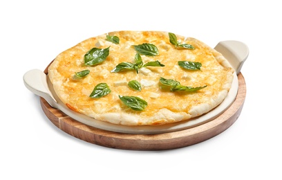 Fresh tasty homemade pizza on white background