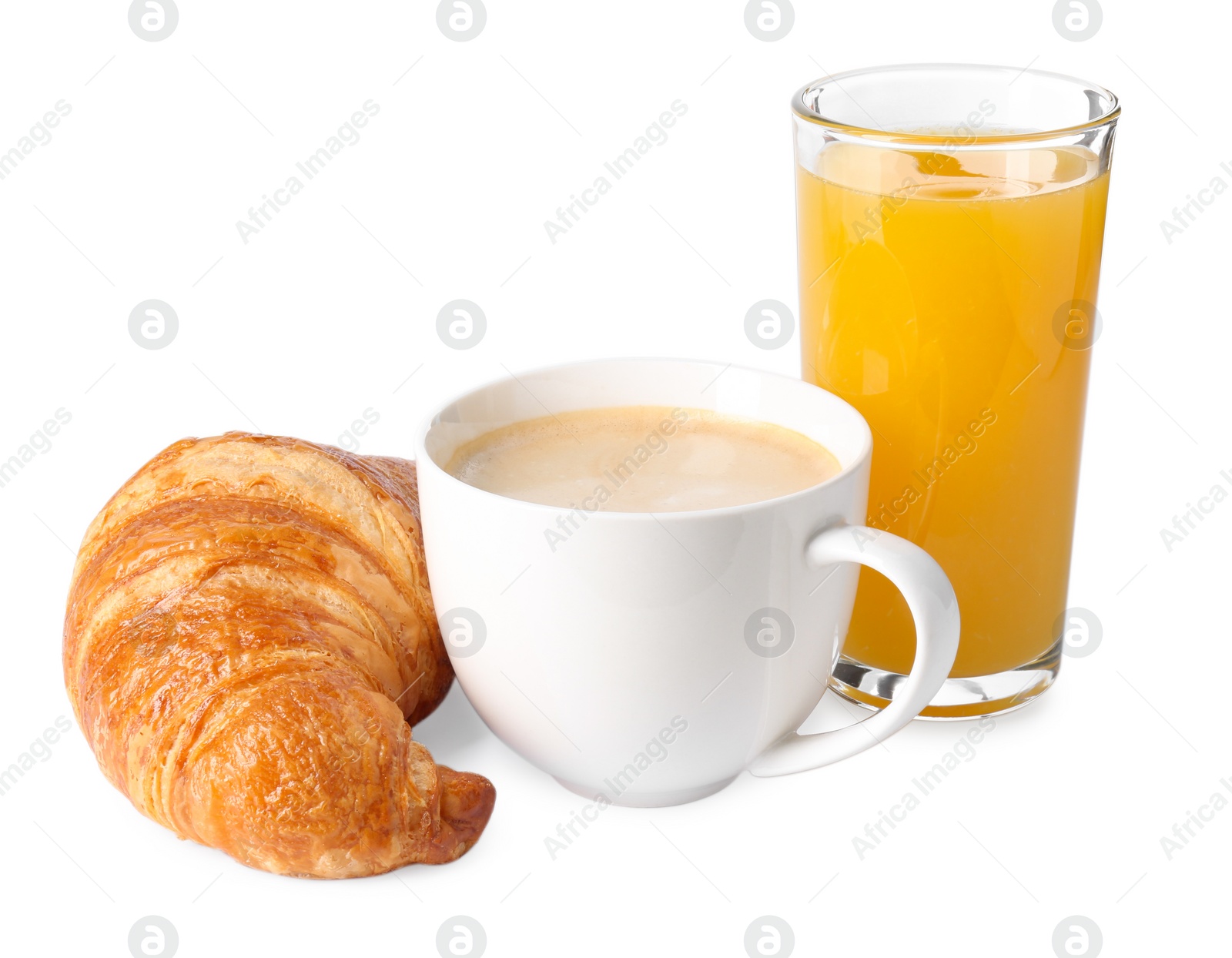 Photo of Delicious fresh croissant, cup with coffee and glass of orange juice isolated on white