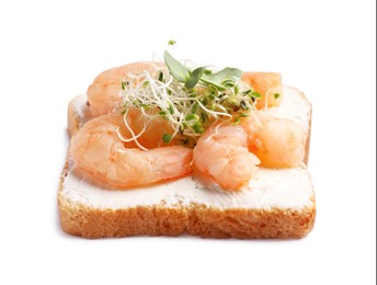 Photo of Delicious toast with cream cheese, shrimps and microgreens isolated on white