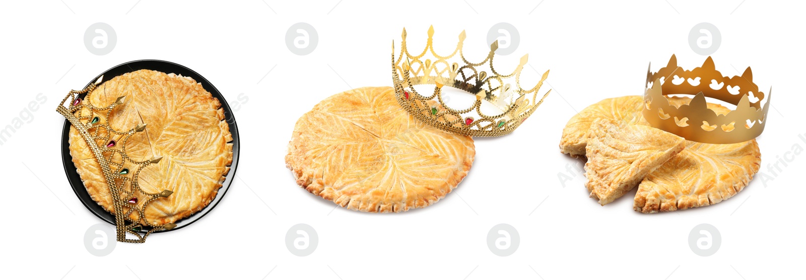 Image of Set of traditional delicious galettes des rois on white background. Banner design