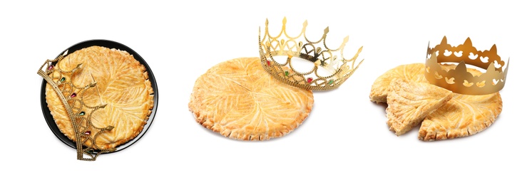 Set of traditional delicious galettes des rois on white background. Banner design