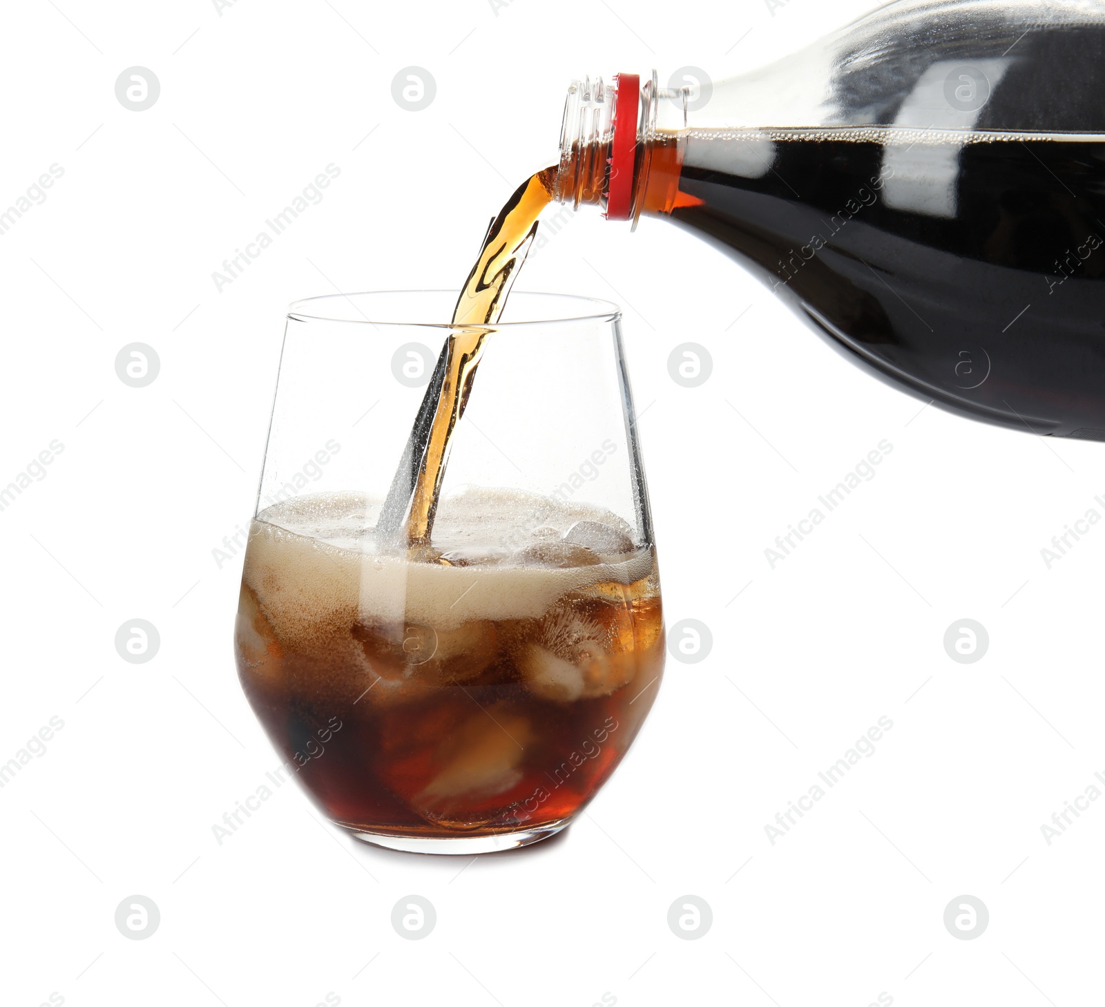 Photo of Pouring refreshing cola into glass with ice cubes on white background