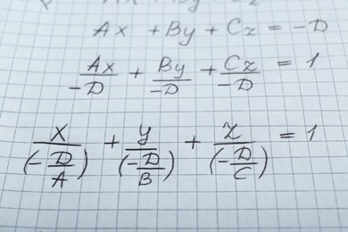 Photo of Sheet of paper with different mathematical formulas, closeup