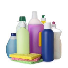 Photo of Set of different cleaning supplies and sponges on white background