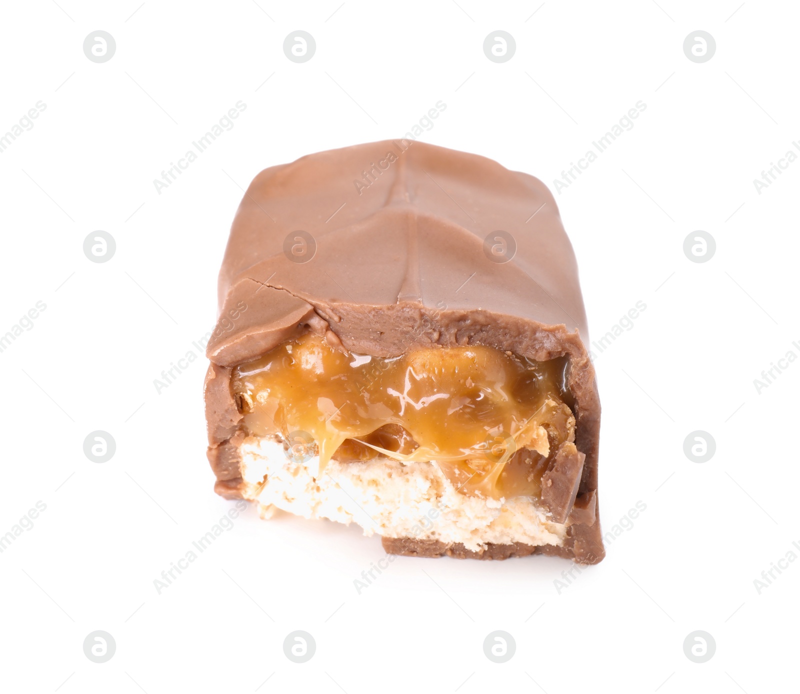 Photo of Piece of tasty chocolate bar with nougat isolated on white