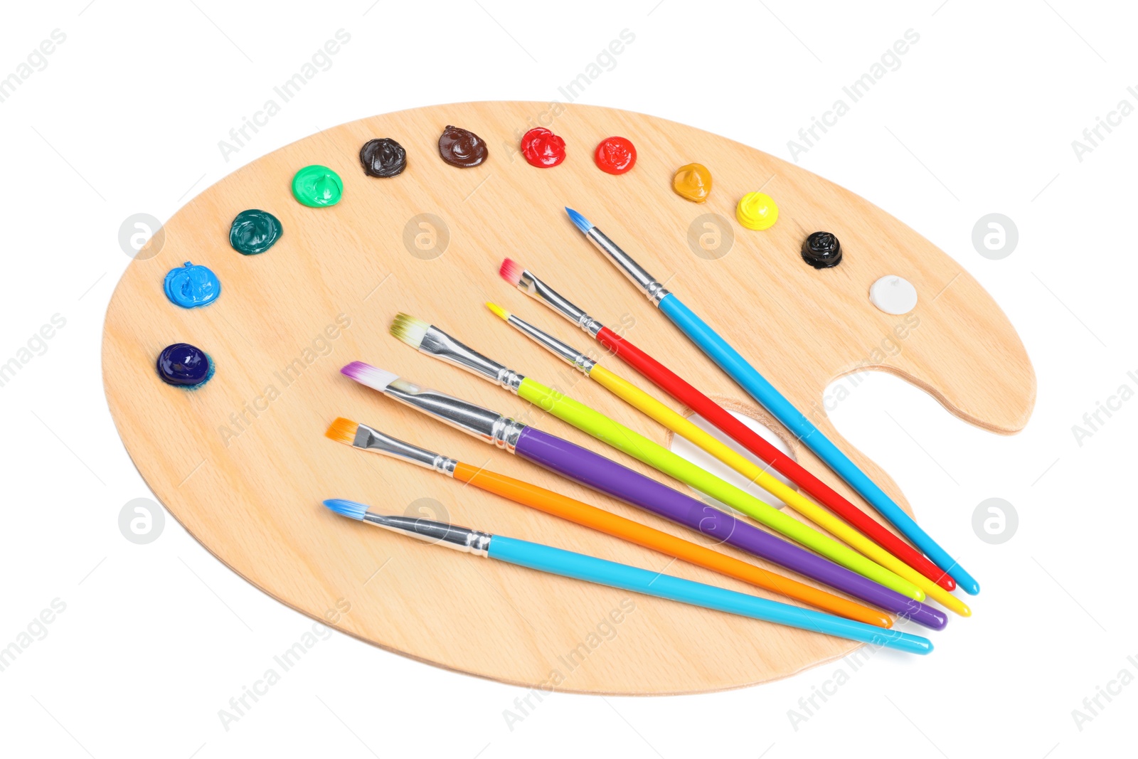 Photo of Palette with paints and brushes on white background. Artist equipment