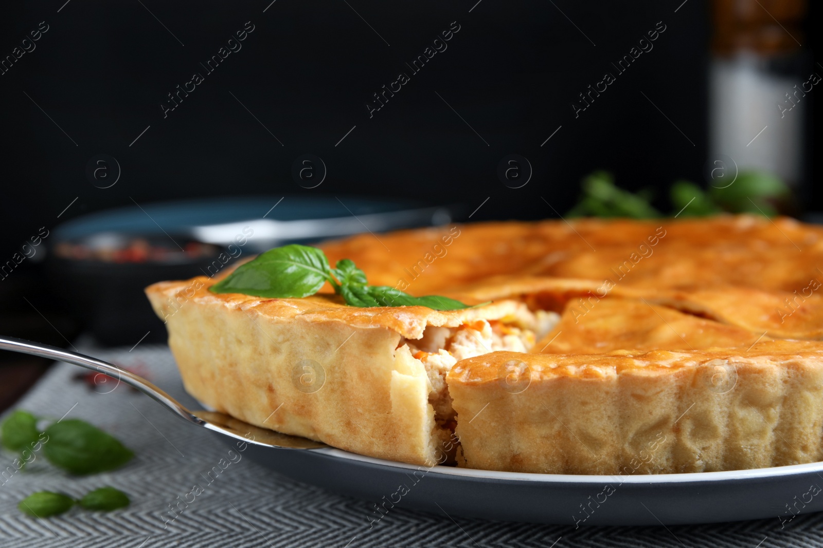 Photo of Delicious meat pie with basil on table, closeup. Space for text