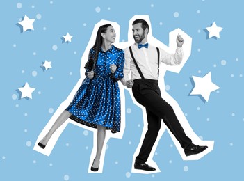 Happy couple dancing on bright background. Creative collage with stylish man and woman. Concept of music, party, fashion, lifestyle