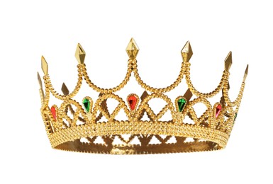 Photo of Beautiful gold crown with gems isolated on white