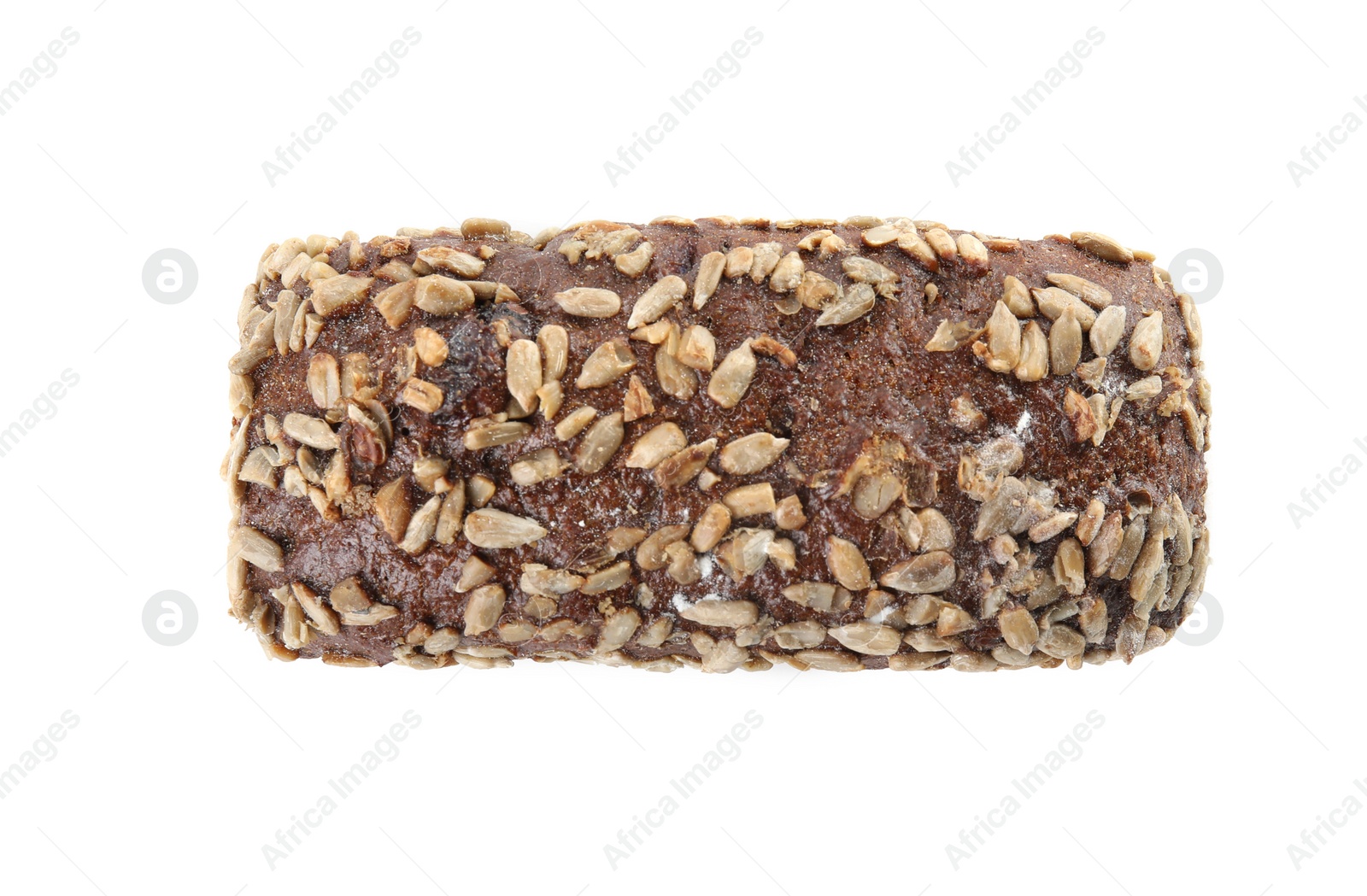 Photo of Rye bread with sunflower seeds isolated on white, top view