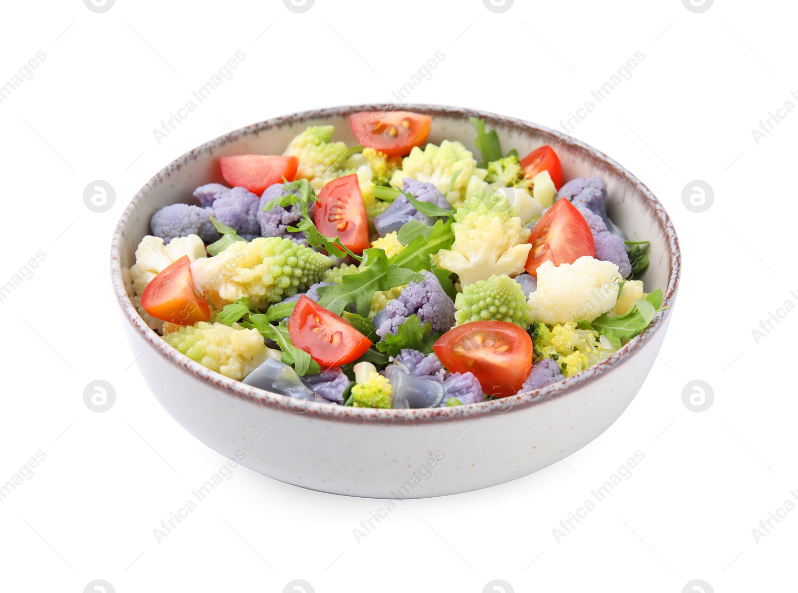 Photo of Delicious salad with cauliflower and tomato isolated on white