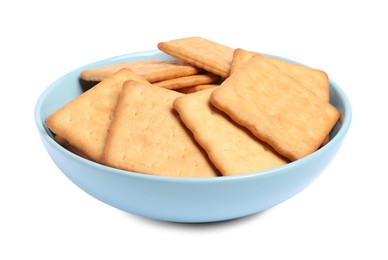 Photo of Tasty crackers in bowl isolated on white