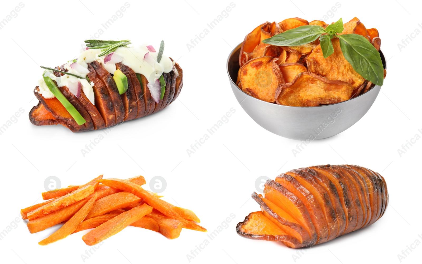 Image of Set of delicious cooked sweet potatoes on white background