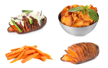 Image of Set of delicious cooked sweet potatoes on white background