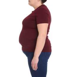 Overweight woman on white background, closeup. Weight loss